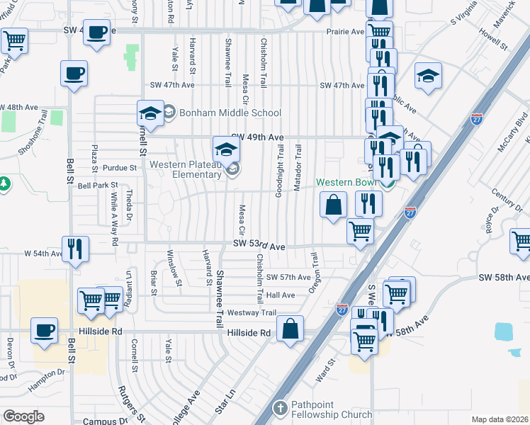 map of restaurants, bars, coffee shops, grocery stores, and more near 5111 Chisholm Trail in Amarillo