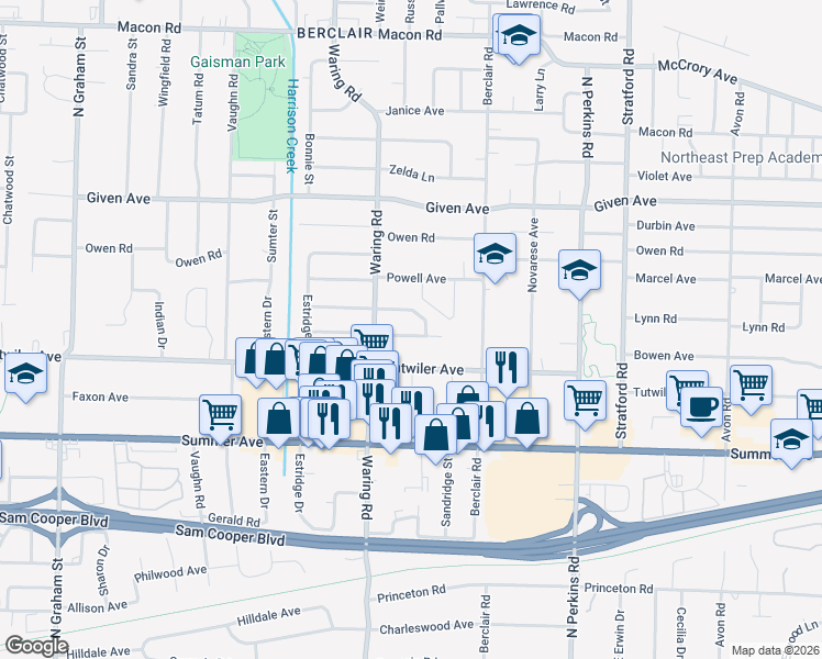 map of restaurants, bars, coffee shops, grocery stores, and more near 4390 Castle Avenue in Memphis
