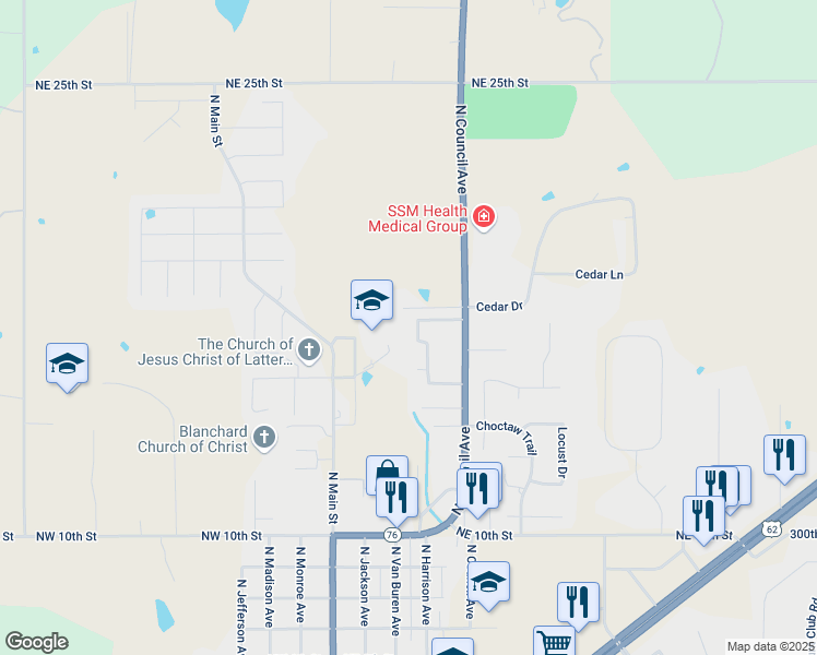 map of restaurants, bars, coffee shops, grocery stores, and more near 1621 Silver Oak Drive in Blanchard
