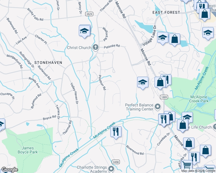 map of restaurants, bars, coffee shops, grocery stores, and more near 6404 Pineburr Court in Charlotte