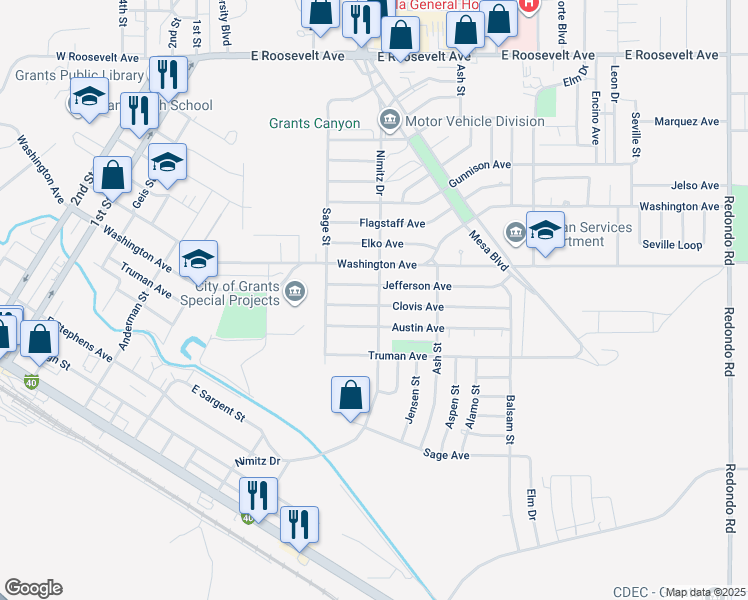 map of restaurants, bars, coffee shops, grocery stores, and more near 632 Clovis Avenue in Grants