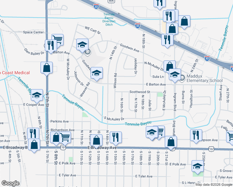 map of restaurants, bars, coffee shops, grocery stores, and more near 1501 Scottwood Street in West Memphis