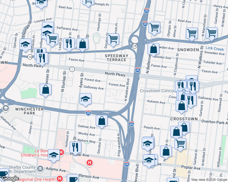 map of restaurants, bars, coffee shops, grocery stores, and more near 1049 Galloway Avenue in Memphis