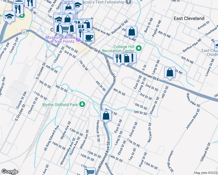 map of restaurants, bars, coffee shops, grocery stores, and more near 430 Wildwood Avenue Southeast in Cleveland