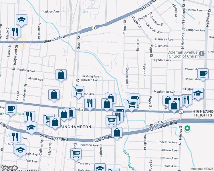 map of restaurants, bars, coffee shops, grocery stores, and more near 739 Glankler Street in Memphis