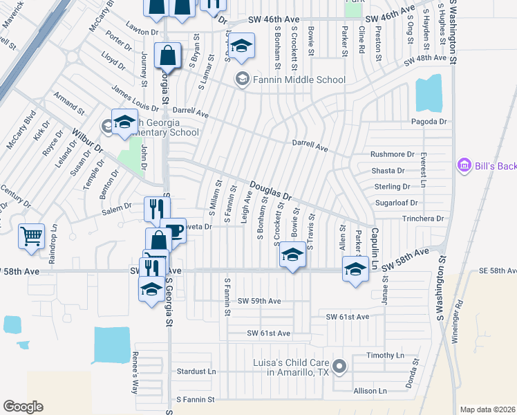 map of restaurants, bars, coffee shops, grocery stores, and more near 5110 South Bonham Street in Amarillo