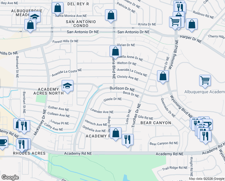 map of restaurants, bars, coffee shops, grocery stores, and more near 6801 Beck Drive Northeast in Albuquerque