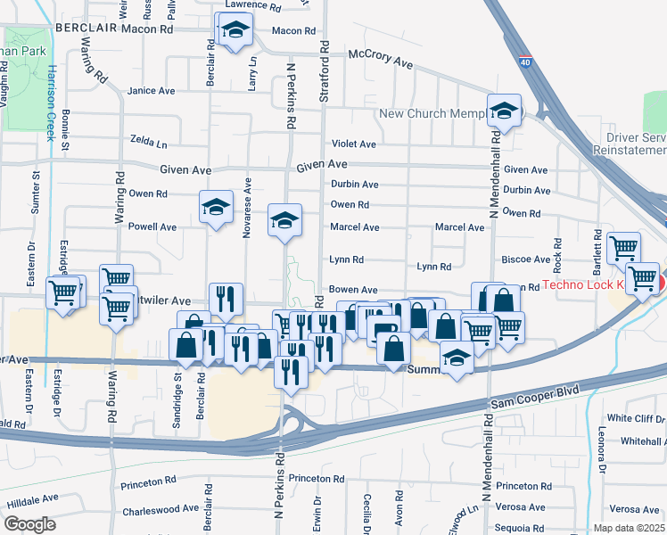 map of restaurants, bars, coffee shops, grocery stores, and more near 4661 Lynn Road in Memphis