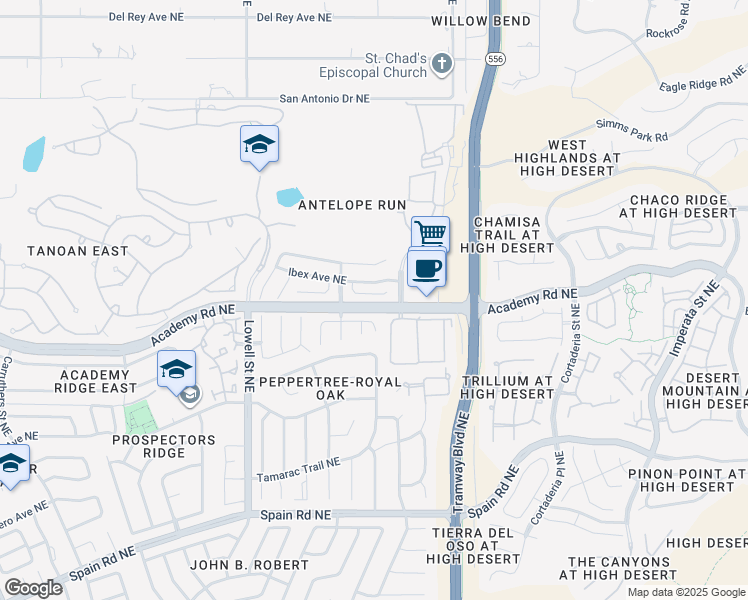 map of restaurants, bars, coffee shops, grocery stores, and more near 12028 Gazelle Place Northeast in Albuquerque