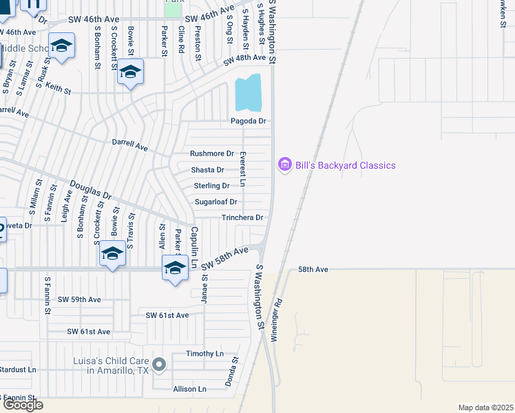 map of restaurants, bars, coffee shops, grocery stores, and more near 1017 Sugarloaf Drive in Amarillo