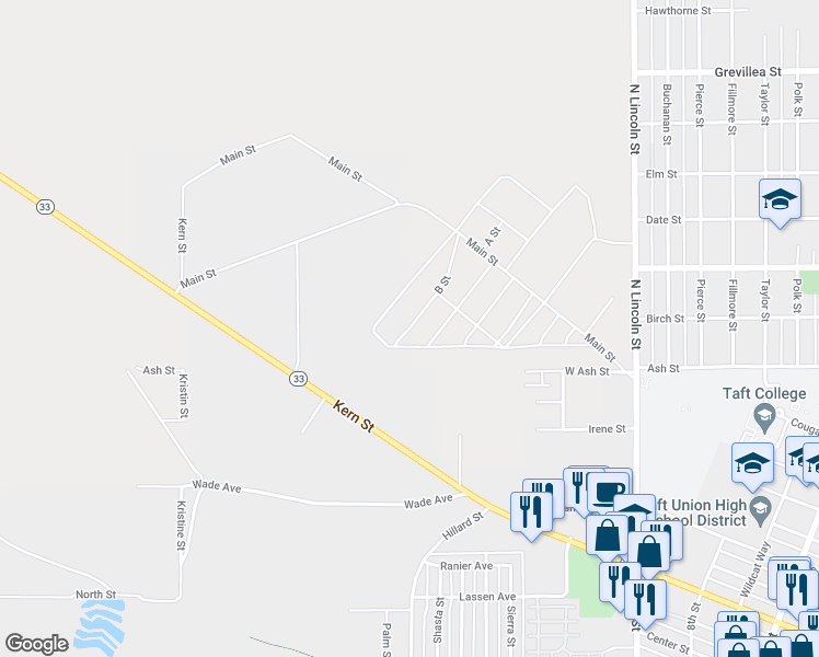 map of restaurants, bars, coffee shops, grocery stores, and more near B Street in Taft