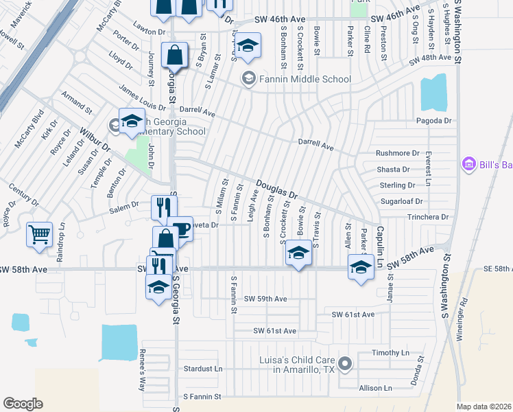 map of restaurants, bars, coffee shops, grocery stores, and more near 5110 South Bonham Street in Amarillo
