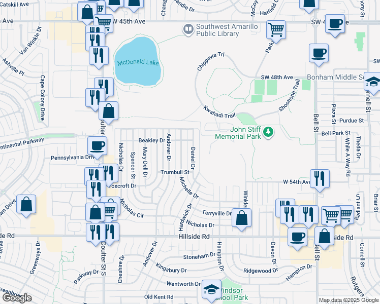 map of restaurants, bars, coffee shops, grocery stores, and more near 6813-6815 Daniel Drive in Amarillo