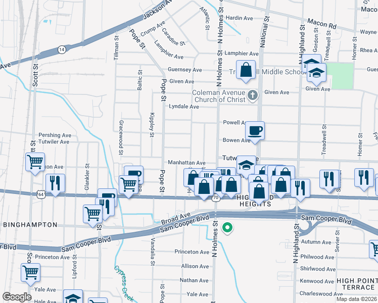 map of restaurants, bars, coffee shops, grocery stores, and more near 744 Hudson Street in Memphis