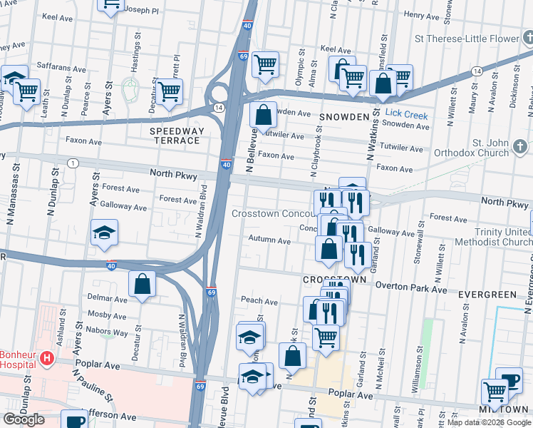 map of restaurants, bars, coffee shops, grocery stores, and more near 1233 Forest Avenue in Memphis