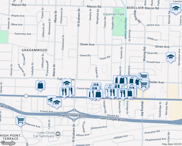 map of restaurants, bars, coffee shops, grocery stores, and more near 776 Margo Lane in Memphis