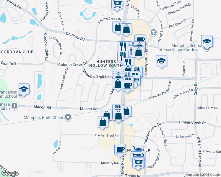 map of restaurants, bars, coffee shops, grocery stores, and more near 1002 Hawkview Drive in Memphis