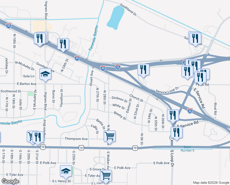 map of restaurants, bars, coffee shops, grocery stores, and more near 2907 Church Street in West Memphis