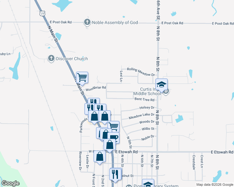 map of restaurants, bars, coffee shops, grocery stores, and more near 500 Woodbriar Road in Noble