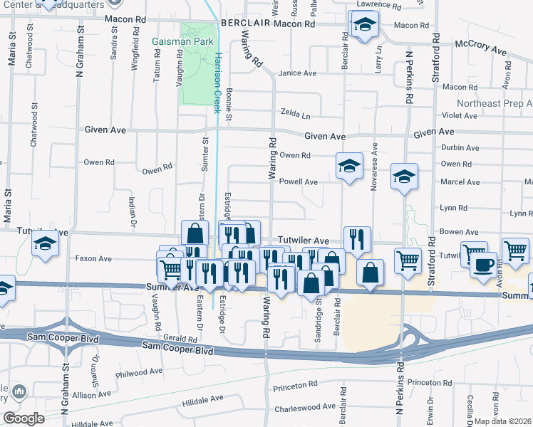 map of restaurants, bars, coffee shops, grocery stores, and more near 775 Waring Road in Memphis
