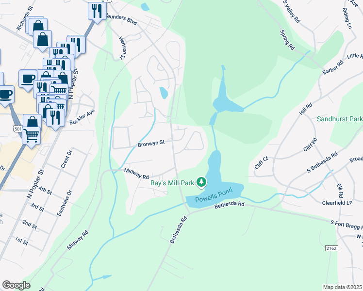 map of restaurants, bars, coffee shops, grocery stores, and more near 14 Cypress Circle in Southern Pines