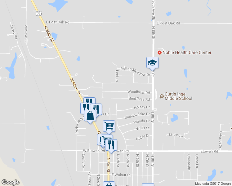 map of restaurants, bars, coffee shops, grocery stores, and more near 500 Woodbriar Road in Noble