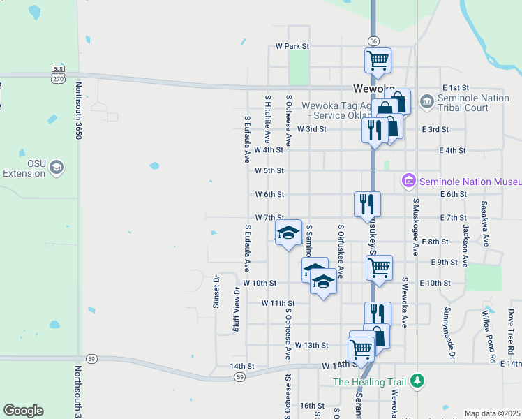 map of restaurants, bars, coffee shops, grocery stores, and more near 618 South Eufaula Avenue in Wewoka