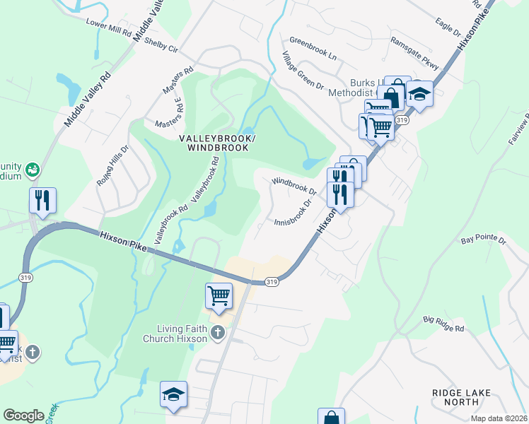 map of restaurants, bars, coffee shops, grocery stores, and more near 1317 Windbrook Drive in Chattanooga