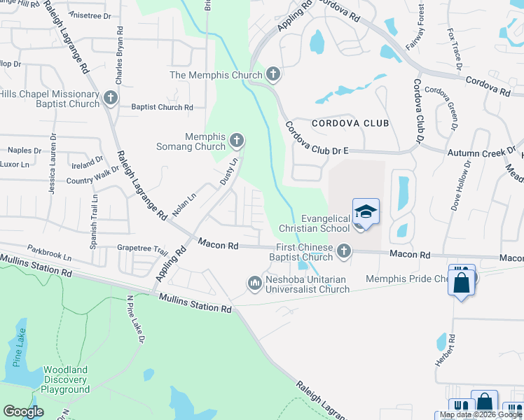 map of restaurants, bars, coffee shops, grocery stores, and more near 7416 Macon Road in Shelby County