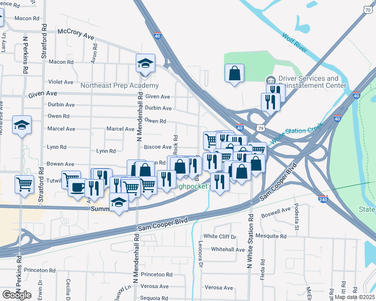 map of restaurants, bars, coffee shops, grocery stores, and more near 5009 Biscoe Avenue in Memphis