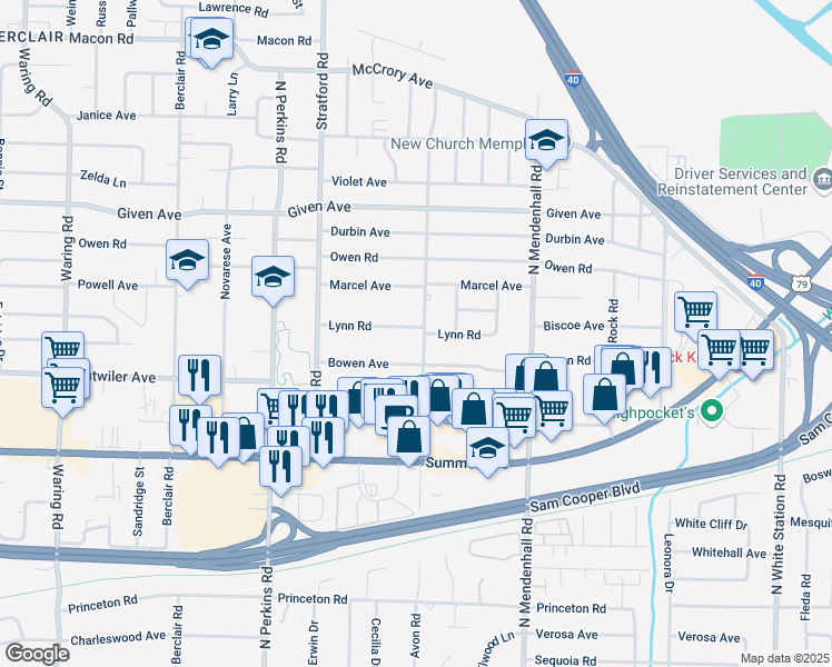 map of restaurants, bars, coffee shops, grocery stores, and more near 785 Avon Road in Memphis