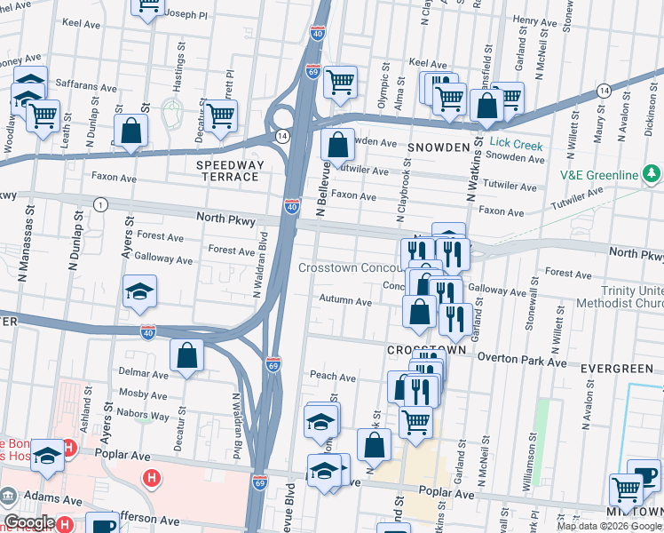 map of restaurants, bars, coffee shops, grocery stores, and more near 1193 Forest Avenue in Memphis