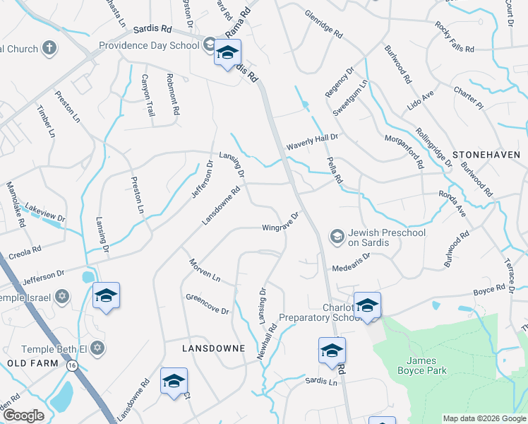 map of restaurants, bars, coffee shops, grocery stores, and more near 5535 Lansing Drive in Charlotte