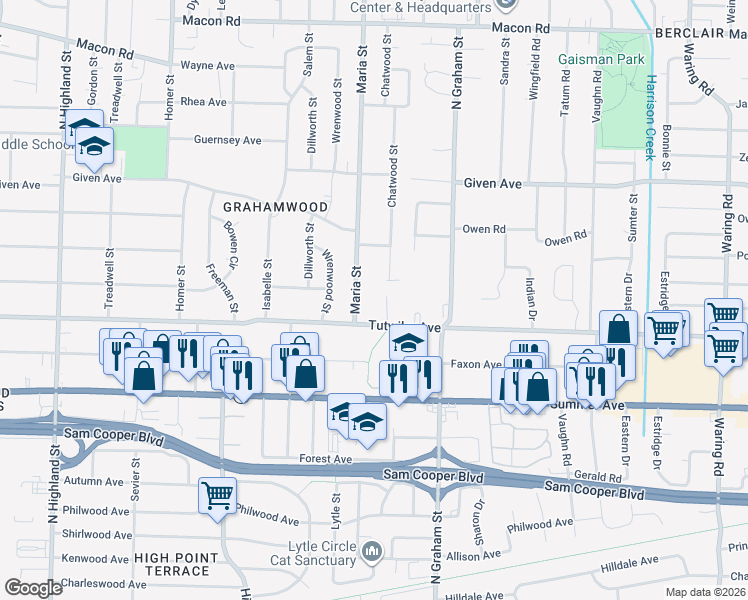 map of restaurants, bars, coffee shops, grocery stores, and more near 777 Chatwood Cove in Memphis