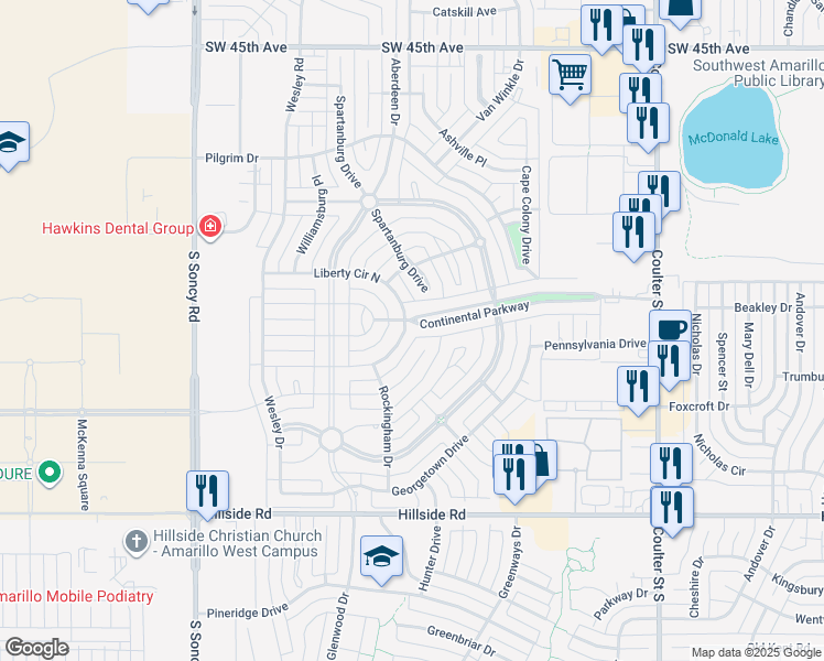 map of restaurants, bars, coffee shops, grocery stores, and more near 7907 Continental Parkway in Amarillo