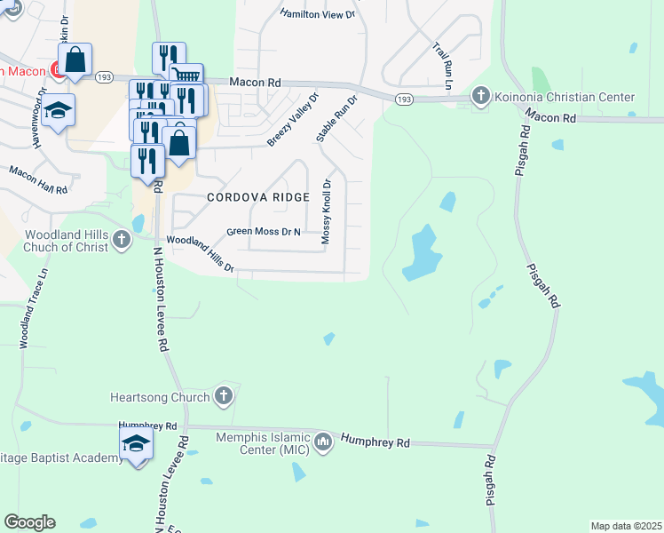 map of restaurants, bars, coffee shops, grocery stores, and more near 10300 Woodland Hills Drive in Shelby County