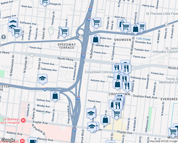 map of restaurants, bars, coffee shops, grocery stores, and more near 1193 Forest Avenue in Memphis