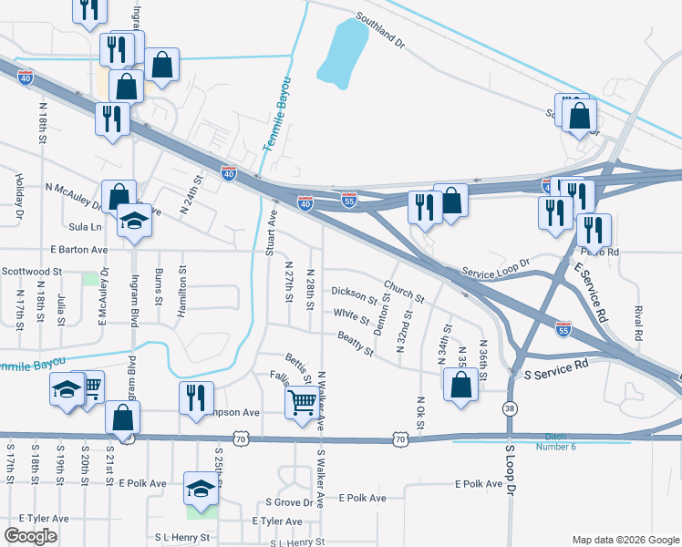 map of restaurants, bars, coffee shops, grocery stores, and more near 2907 Church Street in West Memphis