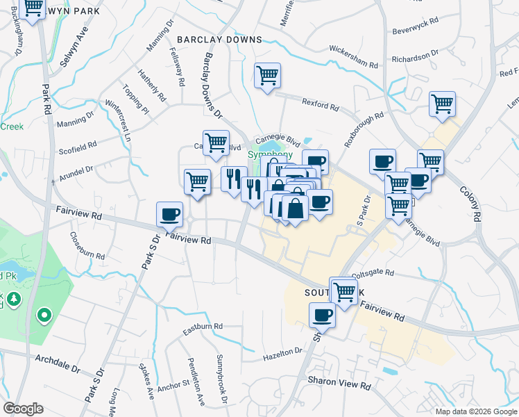 map of restaurants, bars, coffee shops, grocery stores, and more near 4401 Barclay Downs Drive in Charlotte