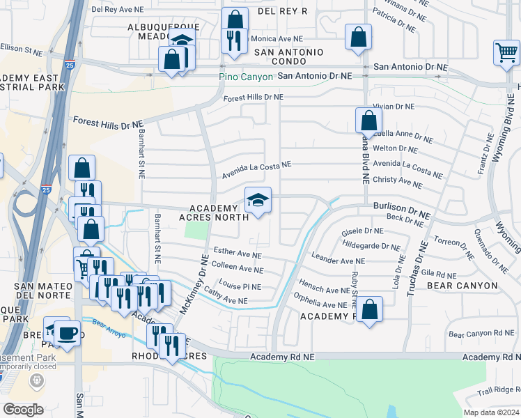map of restaurants, bars, coffee shops, grocery stores, and more near 6504 Harper Drive Northeast in Albuquerque