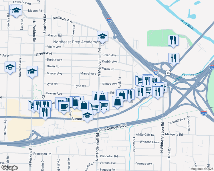 map of restaurants, bars, coffee shops, grocery stores, and more near 4923 Biscoe Avenue in Memphis