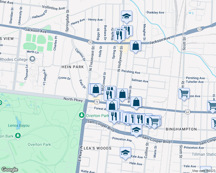 map of restaurants, bars, coffee shops, grocery stores, and more near 622 Spring Street in Memphis