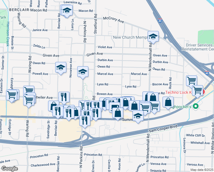 map of restaurants, bars, coffee shops, grocery stores, and more near 4701 Lynn Road in Memphis