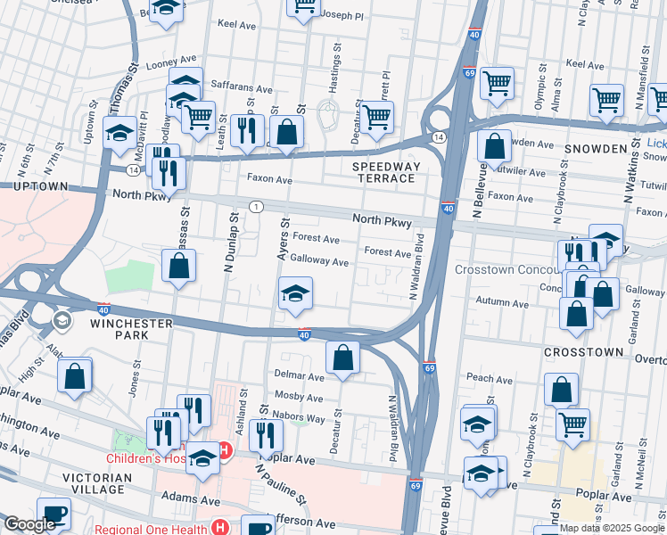 map of restaurants, bars, coffee shops, grocery stores, and more near 971 Galloway Avenue in Memphis