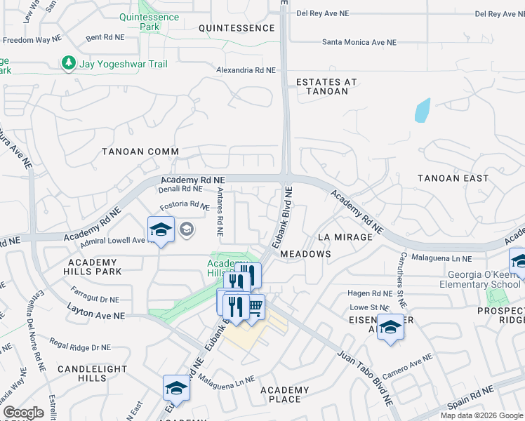 map of restaurants, bars, coffee shops, grocery stores, and more near 6444 Monte Serrano Northeast in Albuquerque