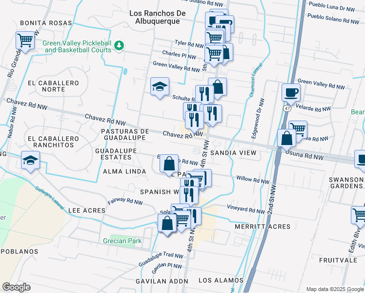 map of restaurants, bars, coffee shops, grocery stores, and more near 502 Sandia View Road Northwest in Los Ranchos de Albuquerque