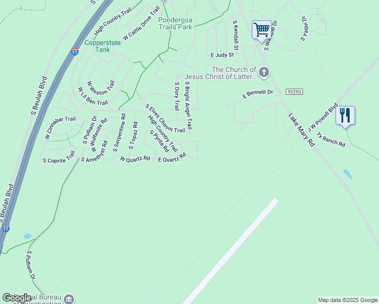 map of restaurants, bars, coffee shops, grocery stores, and more near 5001 South Opal Road in Flagstaff