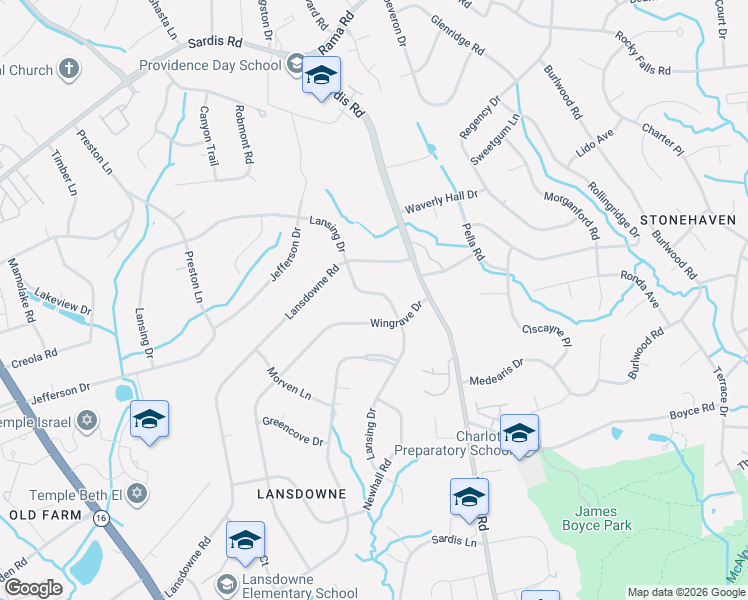 map of restaurants, bars, coffee shops, grocery stores, and more near 5535 Lansing Drive in Charlotte