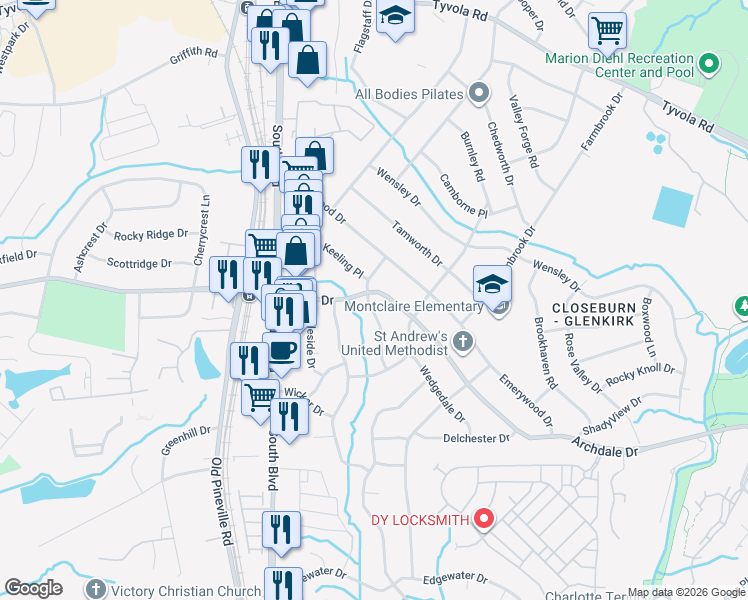 map of restaurants, bars, coffee shops, grocery stores, and more near 6108 Netherwood Drive in Charlotte