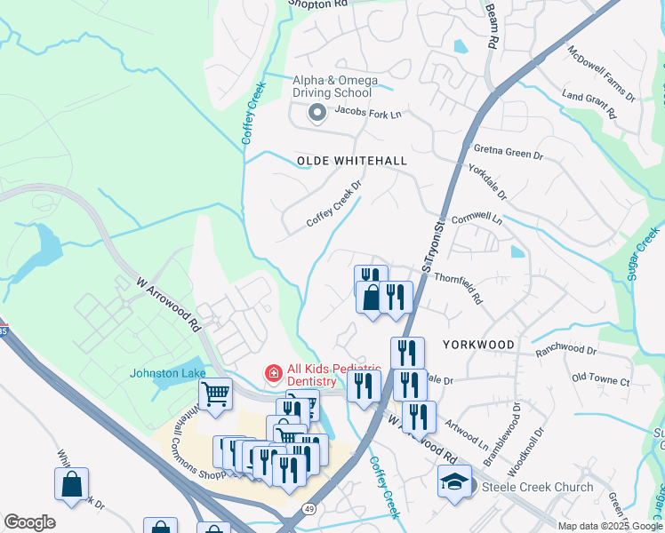 map of restaurants, bars, coffee shops, grocery stores, and more near 7420 Wapiti Court in Charlotte